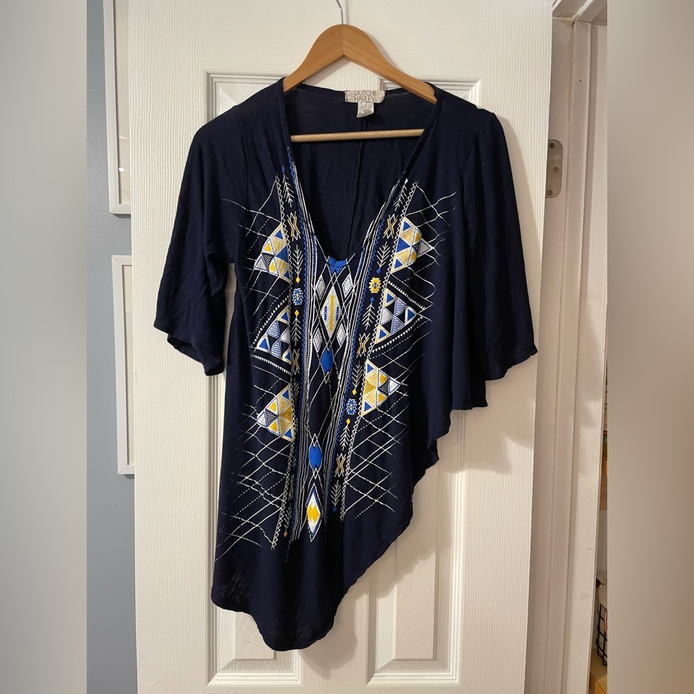 Womens native asymmetrical top crop navy blue boho size small 3/4 sleeve